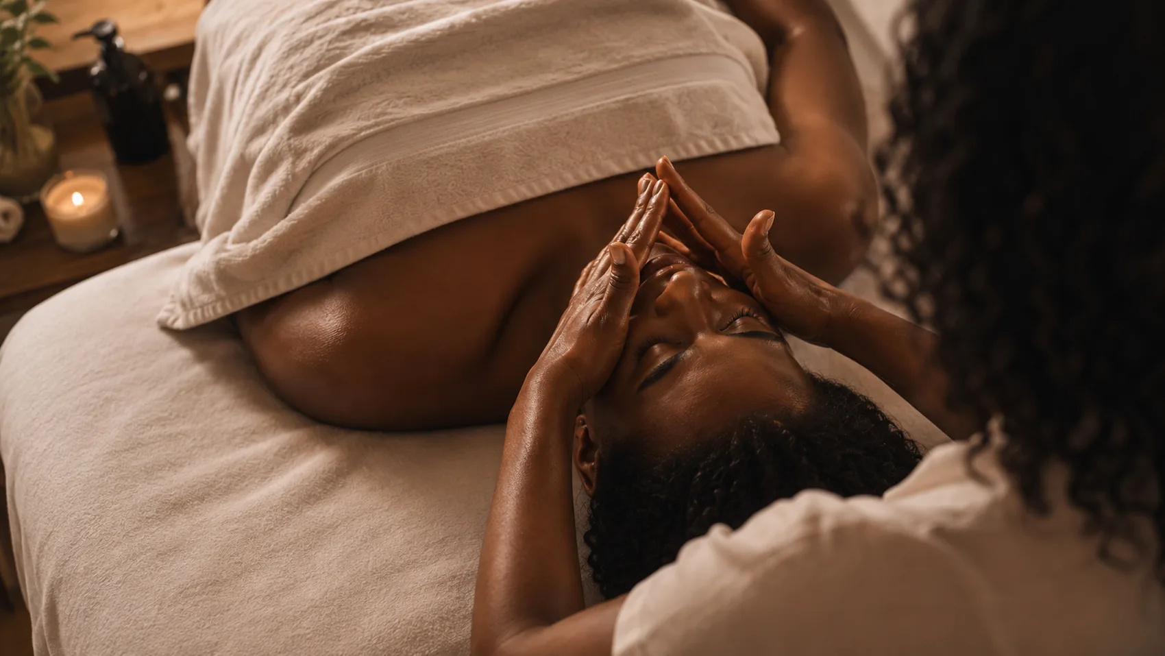 Client relaxing with eyes closed as an esthetician performs a soothing facial massage in a candlelit spa room